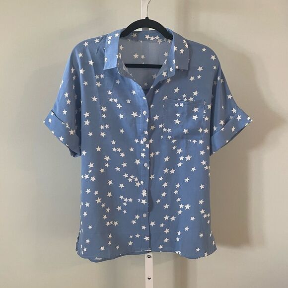Tops - Blue Star Patterned Semi-Sheer Button Down Blouse
